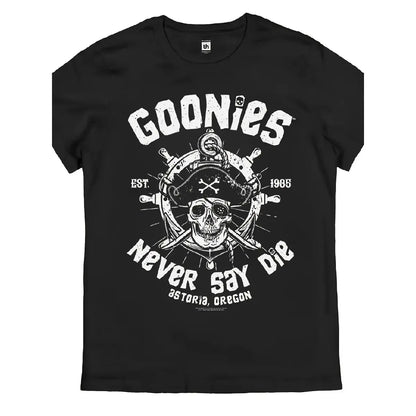 Men's Goonies Never Say Die Retro T-Shirt Officially Inspired 80s Movie Logo Iconic Skull Crossbones Pirate Design