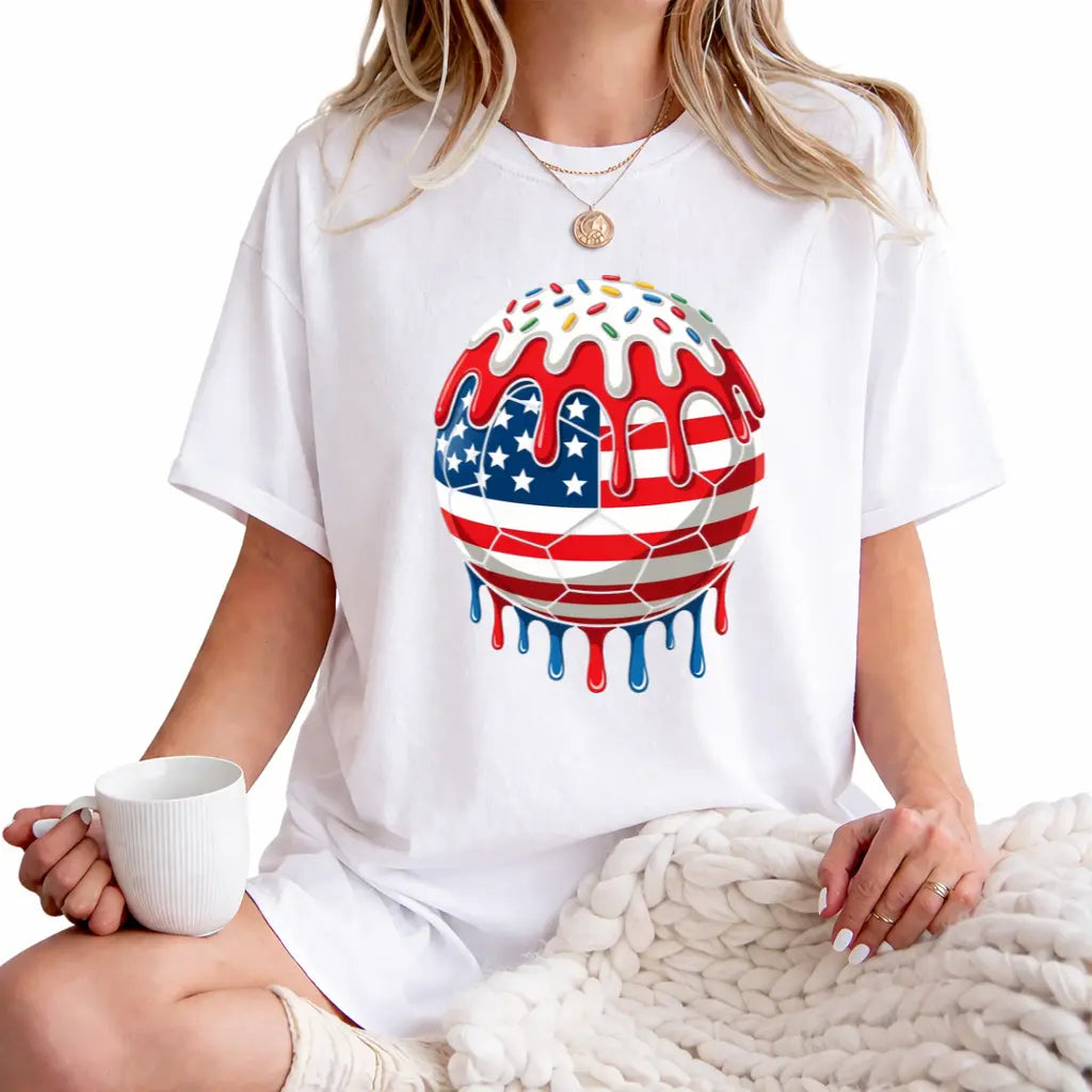USA Ice Cream Drip Soccer 4th of July T-Shirt