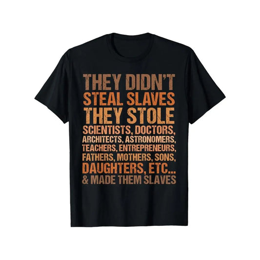 They didn't steal the slave black history month melanin african t-shirt, suitable for all men and women outdoor short sleeve t-shirt, X-5XL, colorfast print, creative graphic, for women, autumn daily