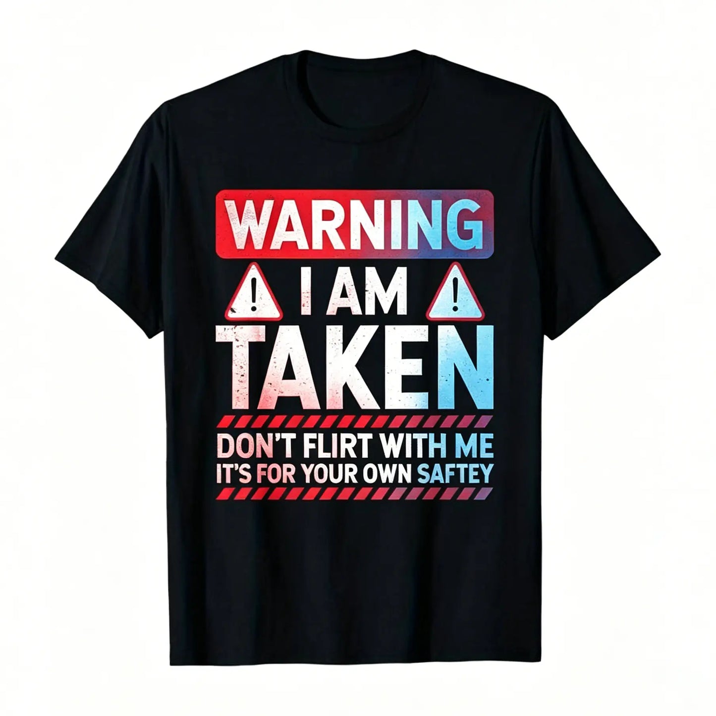 Men's Short-Sleeve Round Neck Funny Taken Husband Warning T-Shirt - Menswear - Don't Flirt with Me Graphic - Black with Red/White Caution Signs - Married Status Apparel - Regular Fit Casual - Machine Washable All-Season Top Tshirt