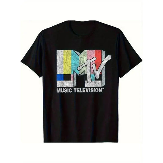 Men's MTV Vintage TV Signal Logo Cotton T-Shirt - Menswear, Classic Round Neck, Breathable Shortsleeve, Heavyweight Black, Retro Bold Graphic, Durable Unisex Casual Tshirt for Concerts, Streetwear