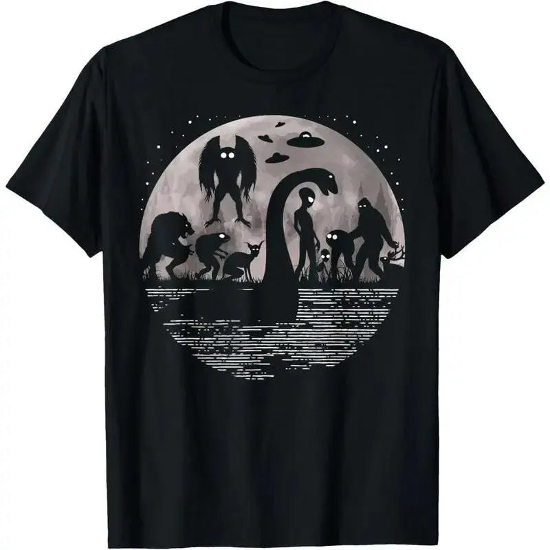 100%25 Cotton Bigfoot Loch Ness Monster Mothman And Aliens! Funny Cryptid T-Shirt Menswear Top Distressed Graphic garments