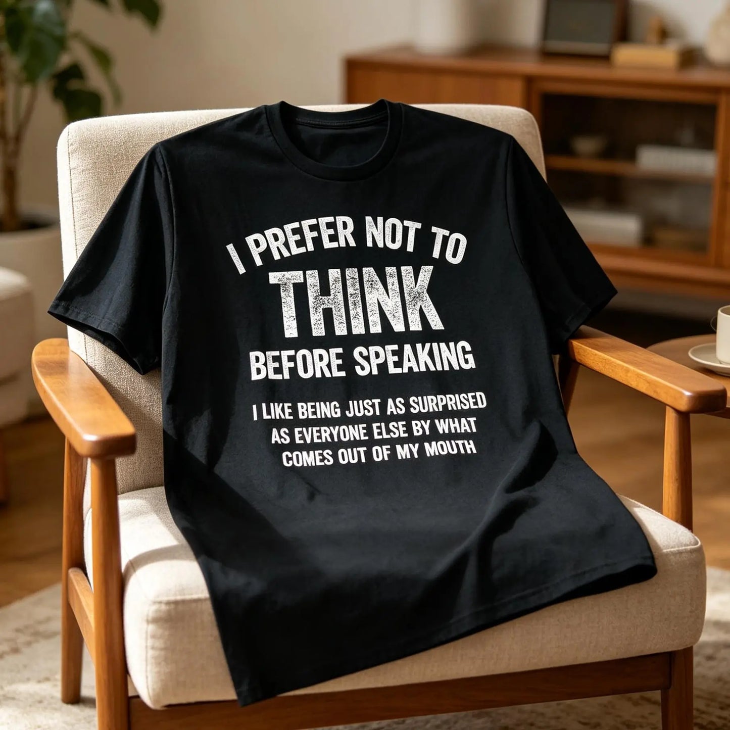 Men's Funny "I Prefer Not To Think Before Speaking" Slogan T-Shirt, Made in USA Casual Tshirt