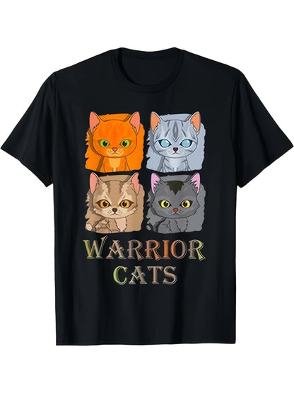 Warrior Cats T-Shirt with Four Cartoon Cats Design | Unisex Crew Neck T-Shirt, Comfortable and Breathable, Casual Wear, Perfect Gift for Birthdays, All-season
