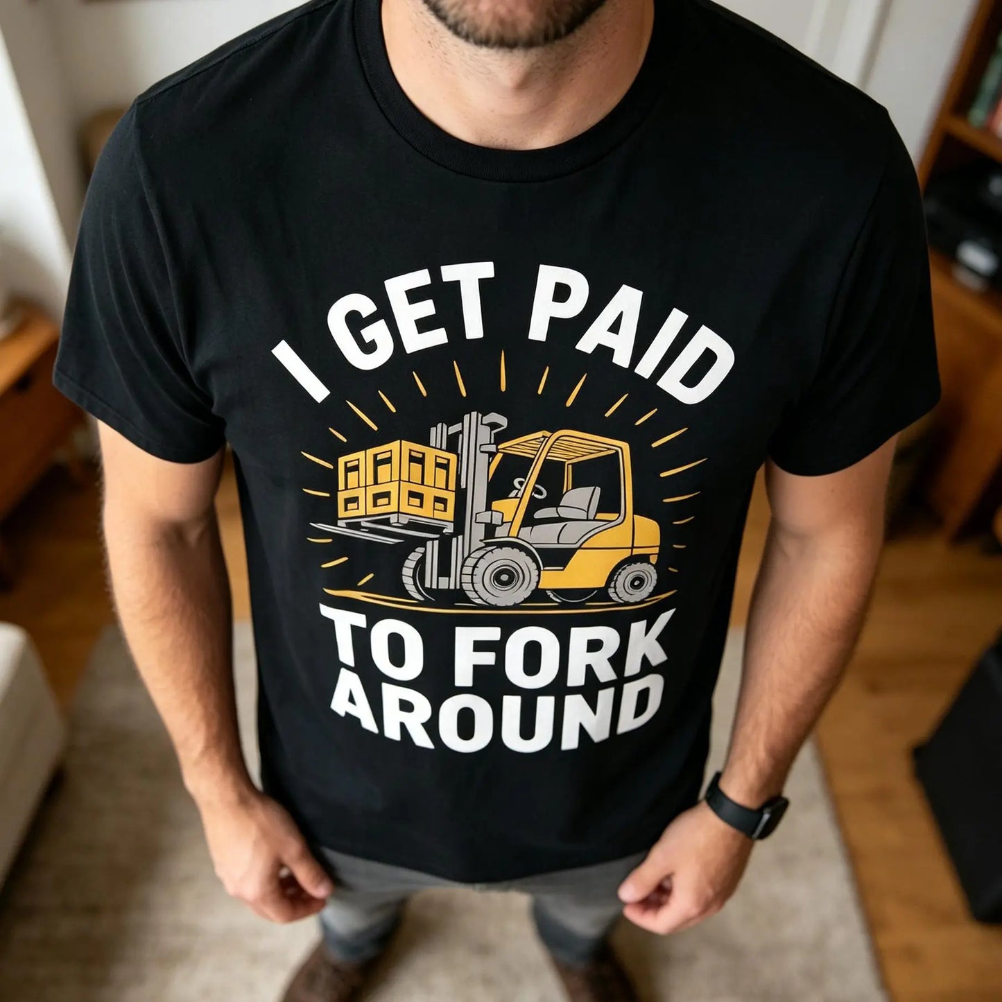 Unisex Heavy Industry Graphic T-Shirt - Forklift Truck Driver "I Get Paid to Fork Around" Print, Black with Yellow Forklift Design, Soft Breathable Cotton, Men's Industrial Workwear Tee for Warehouse, Construction