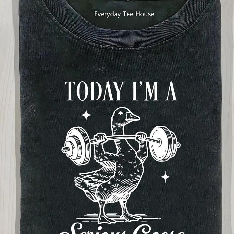 Men's Distressed 'Serious Goose' Funny Graphic Heavyweight Cotton Vintage Short-Sleeve Crew Neck Loose Fitted Casual Style Tee - Machine Washable Meme Streetwear Top, Back to School All Seasons Menswear