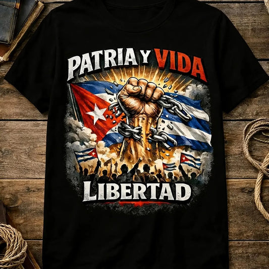 Patria and Vida Freedom White Graphic Tee with Cuban Flag Design Unisex Casual Everyday Shirt