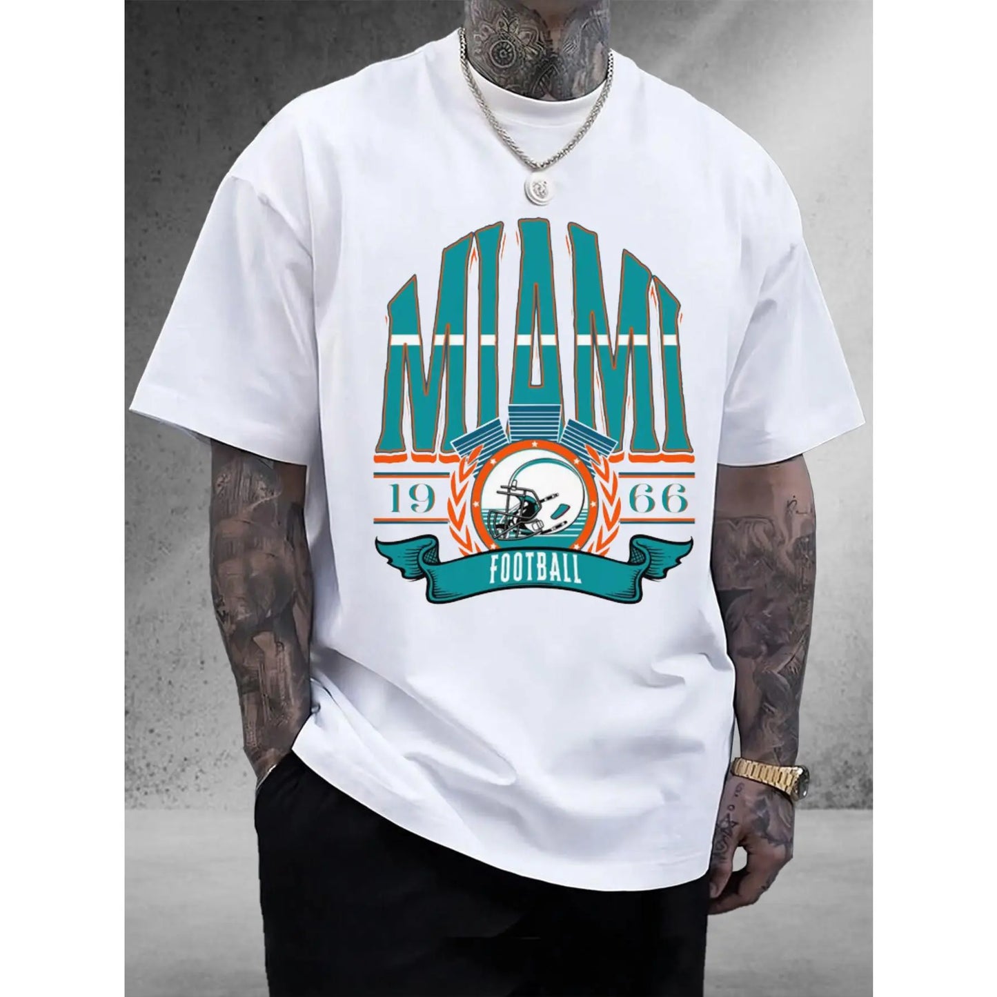 Men's Miami Football Team Graphic T-Shirt - Beige with Teal & Orange Accents, Heavyweight 100%25 Cotton Crewneck Shirt for Gym, Training, Casual Outfits - Perfect Miami Sports Fan Gift, Training Apparel, Bold Print Design, Comfortable Fit, Short Sleeve Te