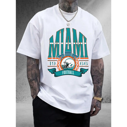 Men's Miami Football Team Graphic T-Shirt - Beige with Teal & Orange Accents, Heavyweight 100%25 Cotton Crewneck Shirt for Gym, Training, Casual Outfits - Perfect Miami Sports Fan Gift, Training Apparel, Bold Print Design, Comfortable Fit, Short Sleeve Te